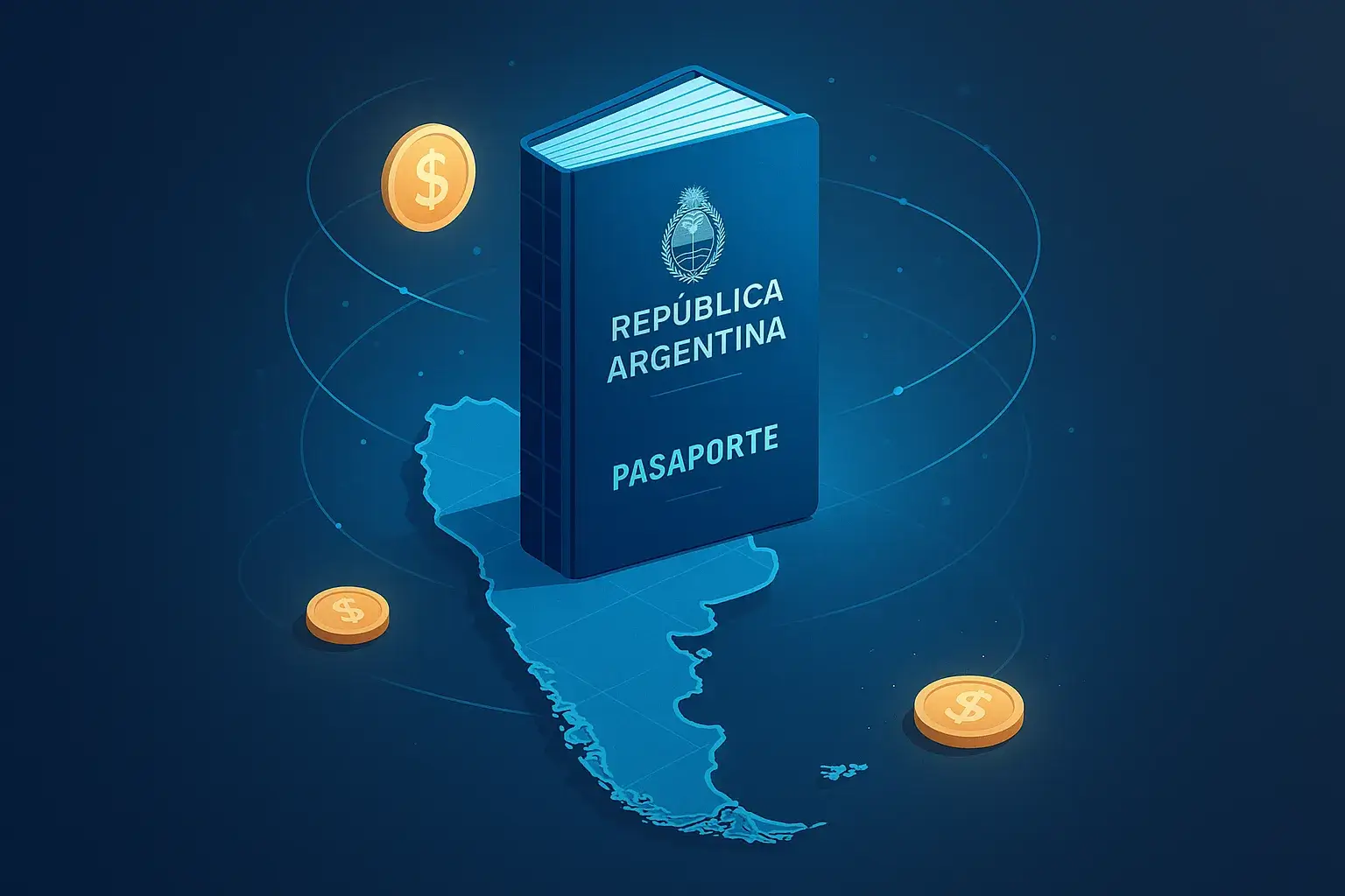 Un pasaporte argentino representado como un edificio de cristal sobre el mapa de Argentina, rodeado de monedas doradas, simbolizando la ciudadanía argentina por inversión.