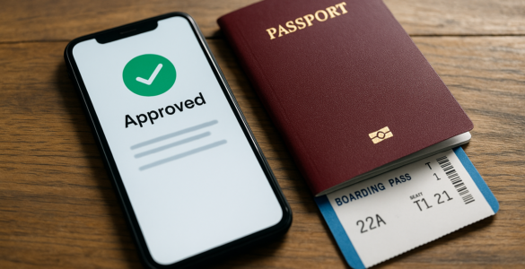 Teléfono mostrando autorización ETIAS junto a un pasaporte y pase de abordar sobre una mesa de madera, ilustrando el nuevo requisito para viajar a Europa desde 2026.