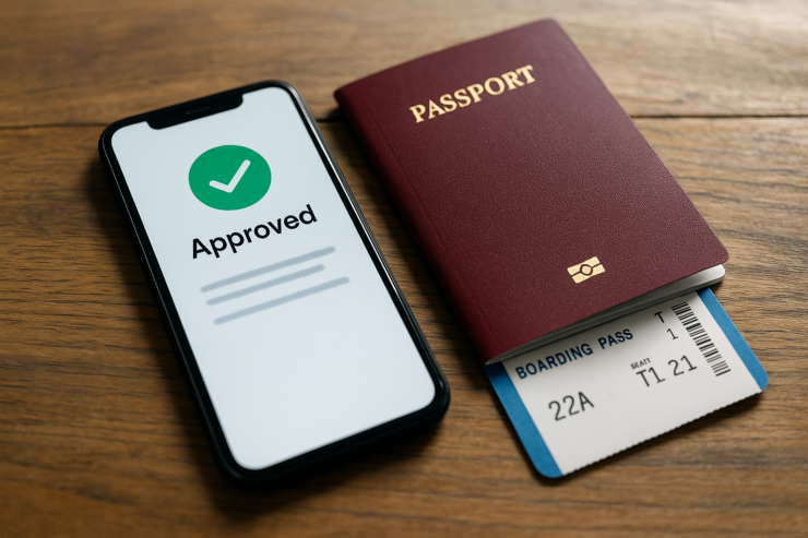 Teléfono mostrando autorización ETIAS junto a un pasaporte y pase de abordar sobre una mesa de madera, ilustrando el nuevo requisito para viajar a Europa desde 2026.