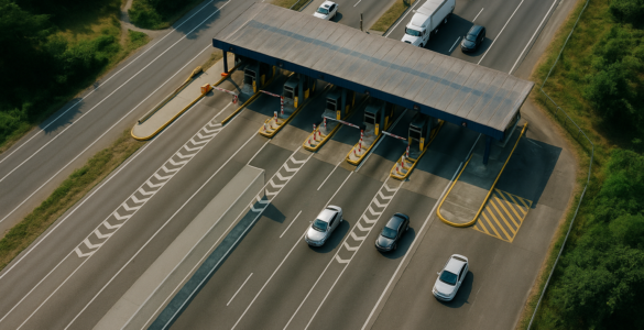 Imagen aérea generada por IA de un peaje en Colombia con varios carriles y vehículos, donde uno de los carriles permanece vacío, ilustrando una situación vinculada a no pagar un peaje en Colombia.