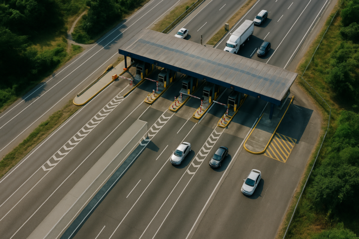 Imagen aérea generada por IA de un peaje en Colombia con varios carriles y vehículos, donde uno de los carriles permanece vacío, ilustrando una situación vinculada a no pagar un peaje en Colombia.