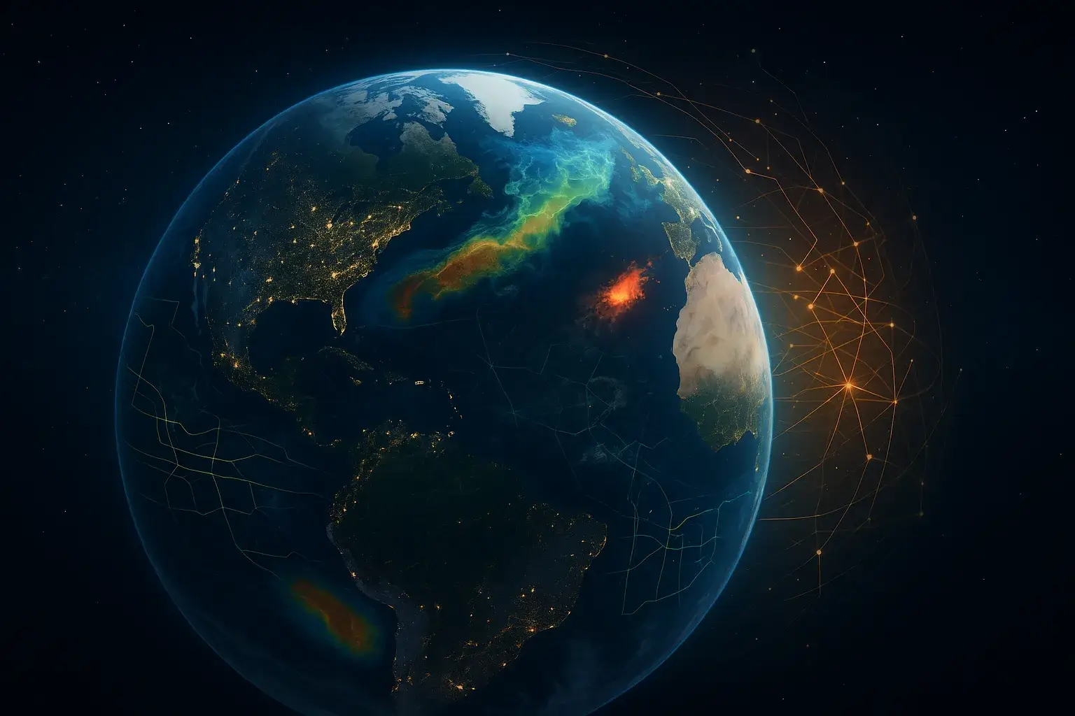 Ilustración digital de la Tierra vista desde el espacio con datos geoespaciales proyectados, mostrando mapas climáticos, alertas de incendios y rutas urbanas analizadas por inteligencia artificial.