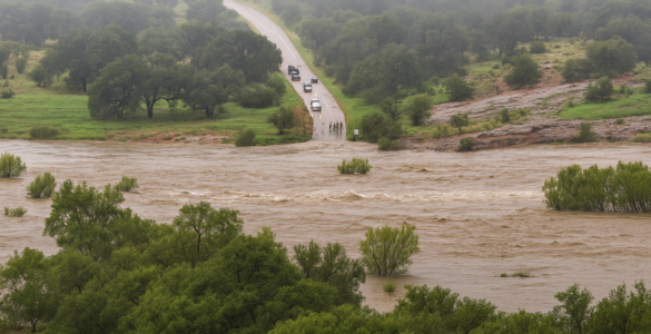 Vista aérea del río Llano desbordado en Texas durante las inundaciones en Texas, con árboles parcialmente cubiertos y una carretera al fondo donde personas observan el fenómeno.