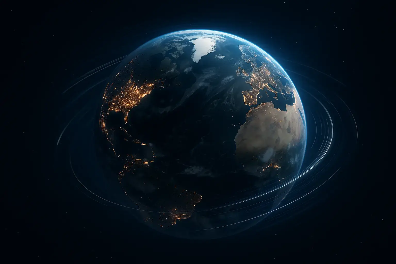 Representación de la Tierra girando rápidamente en el espacio, con trazos luminosos que sugieren movimiento, ciudades iluminadas y un halo atmosférico azul, evocando el segundo día más corto de la historia.