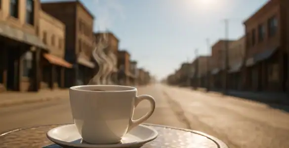 Taza de café humeante sobre una mesa metálica al sol del mediodía, con una calle urbana vacía de fondo y cielo despejado, representando la recomendación de evitar el café durante la ola de calor.