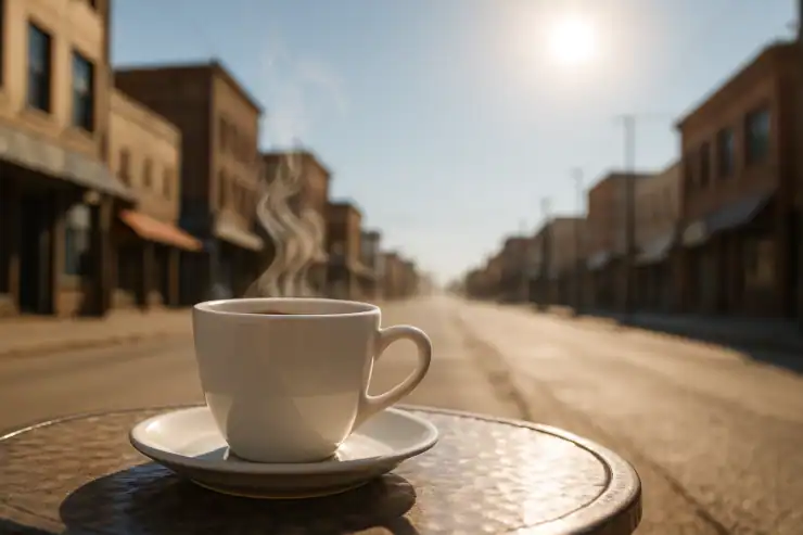 Taza de café humeante sobre una mesa metálica al sol del mediodía, con una calle urbana vacía de fondo y cielo despejado, representando la recomendación de evitar el café durante la ola de calor.