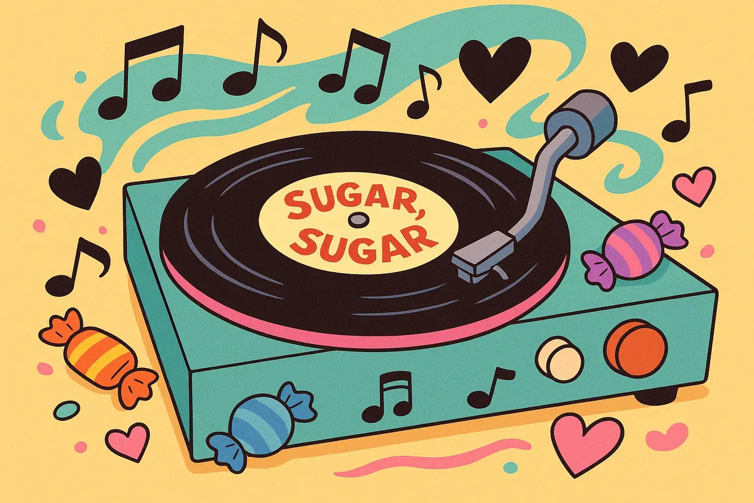 Tocadiscos girando un vinilo con la etiqueta “Sugar, Sugar”, rodeado de caramelos, notas musicales y corazones en estilo de caricatura de los años 60.