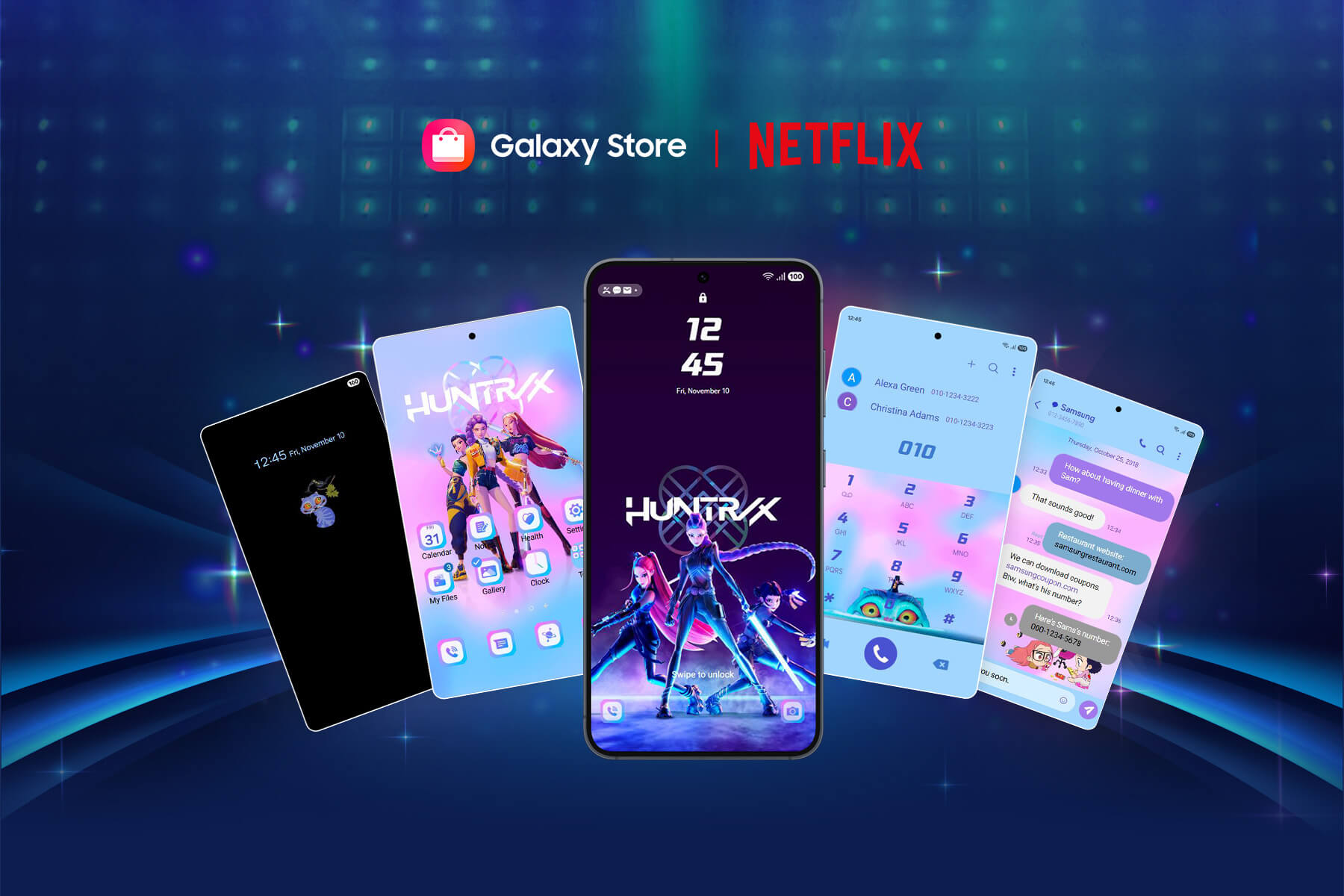 Diseño promocional de la fiebre de Huntrix en Galaxy Store, mostrando cinco pantallas de smartphone con temas y wallpapers inspirados en KPop Demon Hunters.