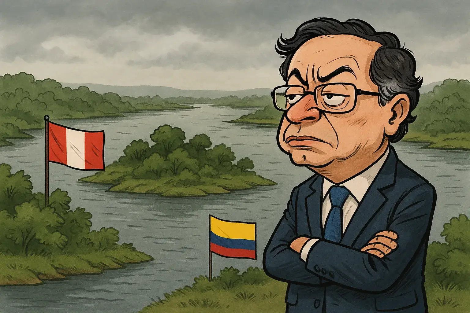 Caricatura digital de Gustavo Petro observando una disputa territorial en la frontera amazónica, con banderas de Perú y Colombia a cada lado del río por Santa Rosa de Loreto.