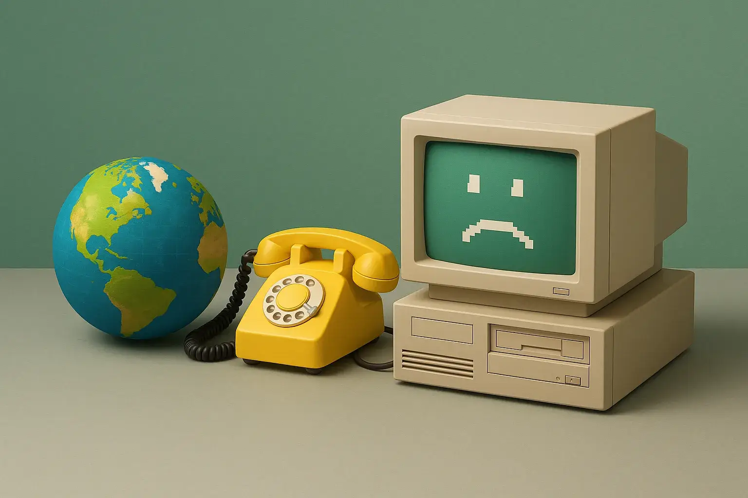 Computador CRT, teléfono fijo amarillo y globo terráqueo en estilo 3D realista, simbolizando el fin del internet por dial-up