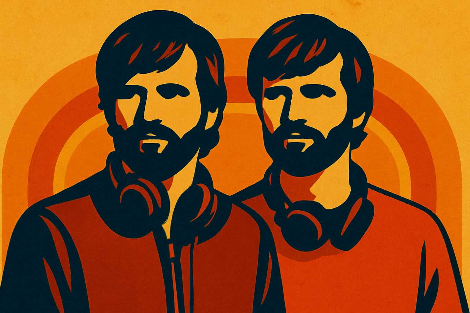 Ilustración vectorial retro de los Duffer Brothers como siluetas en estilo póster de los años 80, con tonos cálidos y audífonos al cuello, representando el inicio de una nueva etapa creativa tras dejar Netflix.
