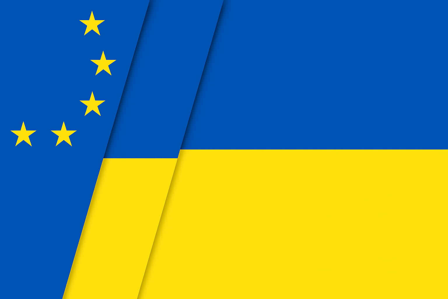 Ilustración con motivo de la Independencia de Ucrania, donde se fusionan de forma estilizada la bandera de la Unión Europea (con estrellas amarillas en fondo azul) y la bandera de Ucrania (azul y amarillo), separadas por líneas diagonales limpias. Representa la solidaridad entre ambas regiones en el contexto del conflicto actual.