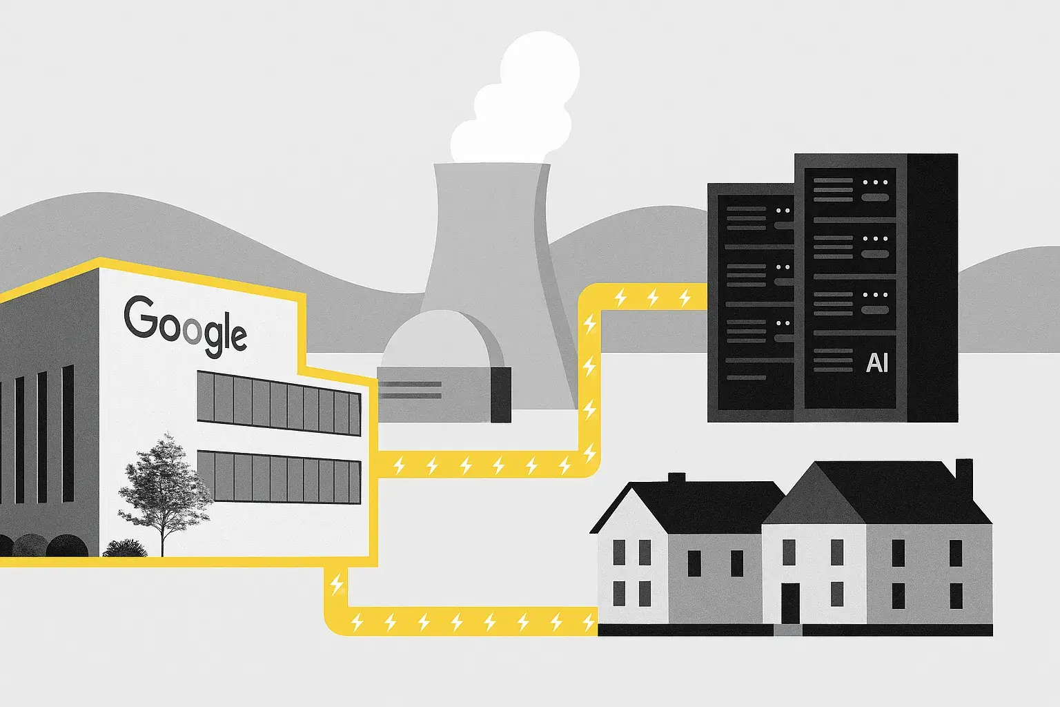 Infografía estilo collage de Google y la energía para la IA mostrando un centro de datos de Google conectado con líneas amarillas de energía a un reactor nuclear, servidores de inteligencia artificial y hogares