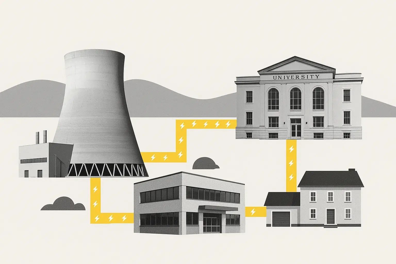 Infografía estilo collage de Oak Ridge nuclear mostrando un reactor conectado con líneas amarillas de energía a una universidad, un laboratorio y hogares, en un entorno de colinas grises