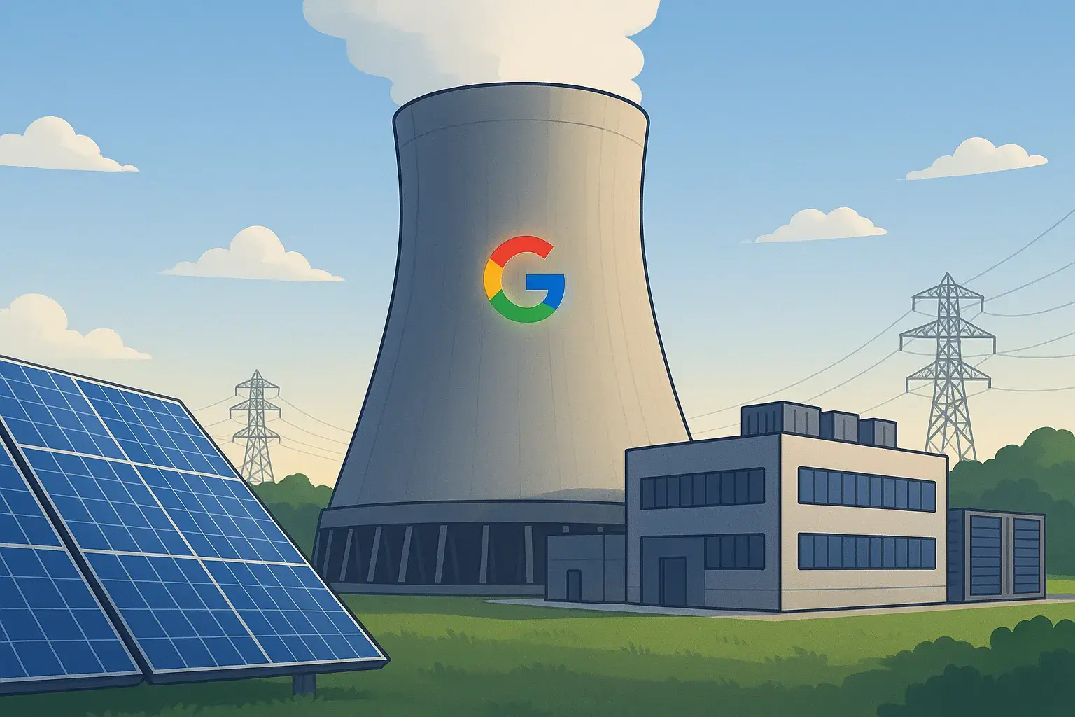 Ilustración de Google y la energía nuclear con un reactor avanzado que lleva el logo de Google, junto a paneles solares y un centro de datos