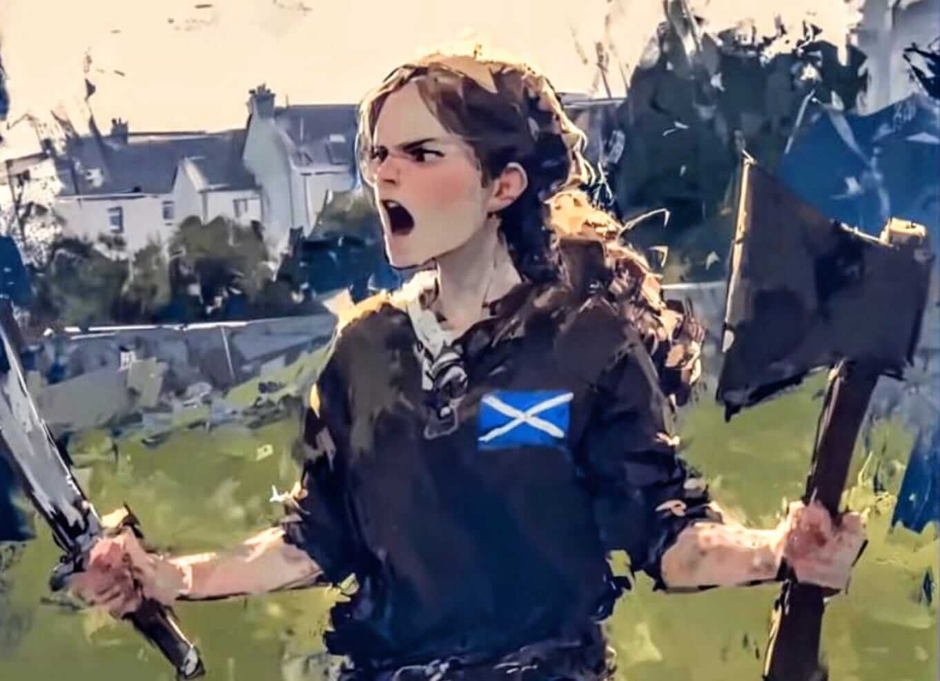 Ilustración generada con inteligencia artificial que muestra a una niña con gesto desafiante, sosteniendo un cuchillo en la mano derecha y un hacha en la mano izquierda, con una camiseta oscura que lleva la bandera de Escocia, de pie en un campo verde con casas al fondo.