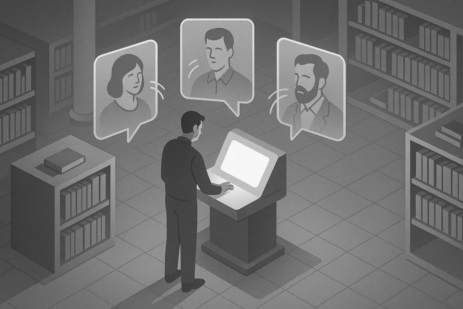 Ilustración isométrica en escala de grises de la singularidad tecnológica, con una figura humana interactuando con una inteligencia artificial en una biblioteca futurista; imagen accesible para personas no videntes.