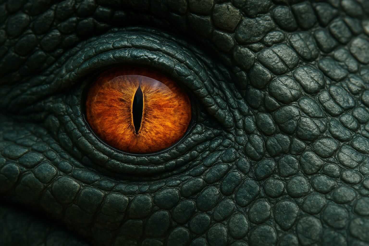 Primer plano del ojo anaranjado y escamas verdes de un cocodrilo prehistórico de la Patagonia, Kostensuchus atrox, de hace 70 millones de años.