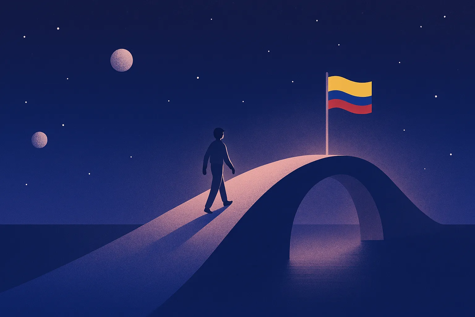 Ilustración conceptual de una persona cruzando un puente iluminado bajo un cielo estrellado, con la bandera de Colombia al fondo, simbolizando el aumento del empleo en el país.