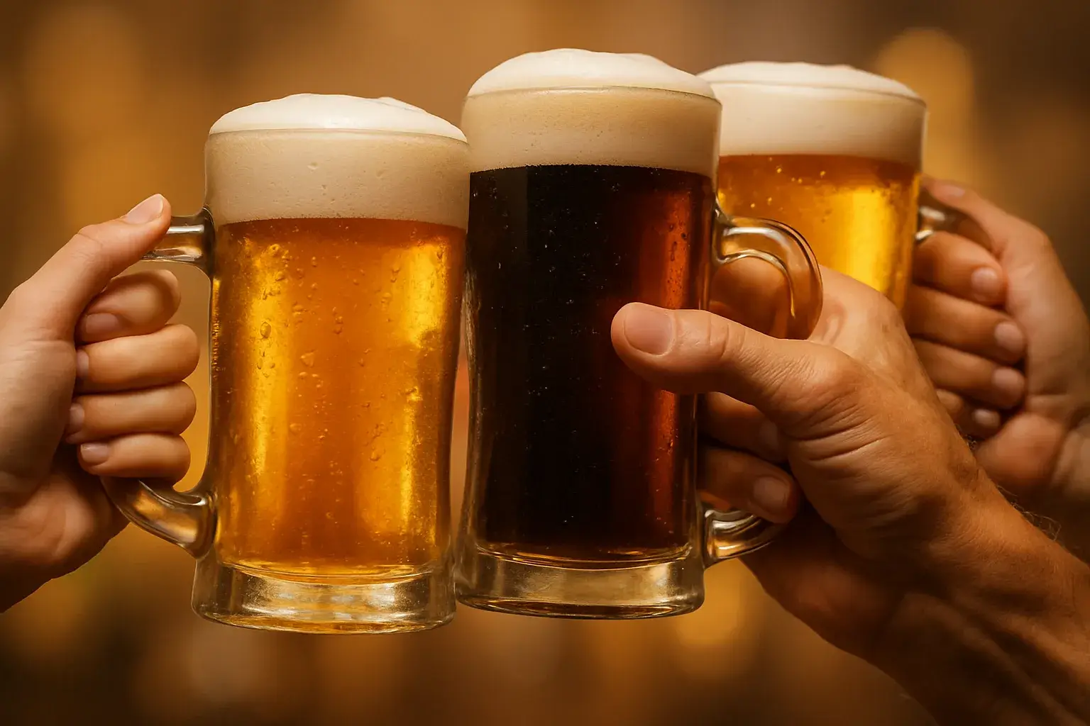 Brindis con jarras de cerveza fría en el Día Internacional de la Cerveza, con espuma fresca y ambiente festivo.