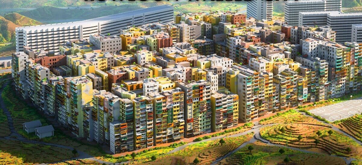 Vista general de la ciudad amurallada de Kowloon en Minecraft, con cientos de edificios en bloques recreando la densidad urbana original