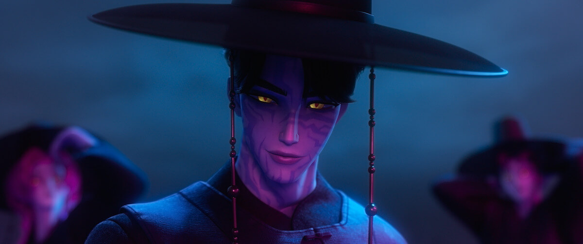 Imagen animada de un hombre con sombrero ancho y ojos brillantes en ‘KPop Demon Hunters’