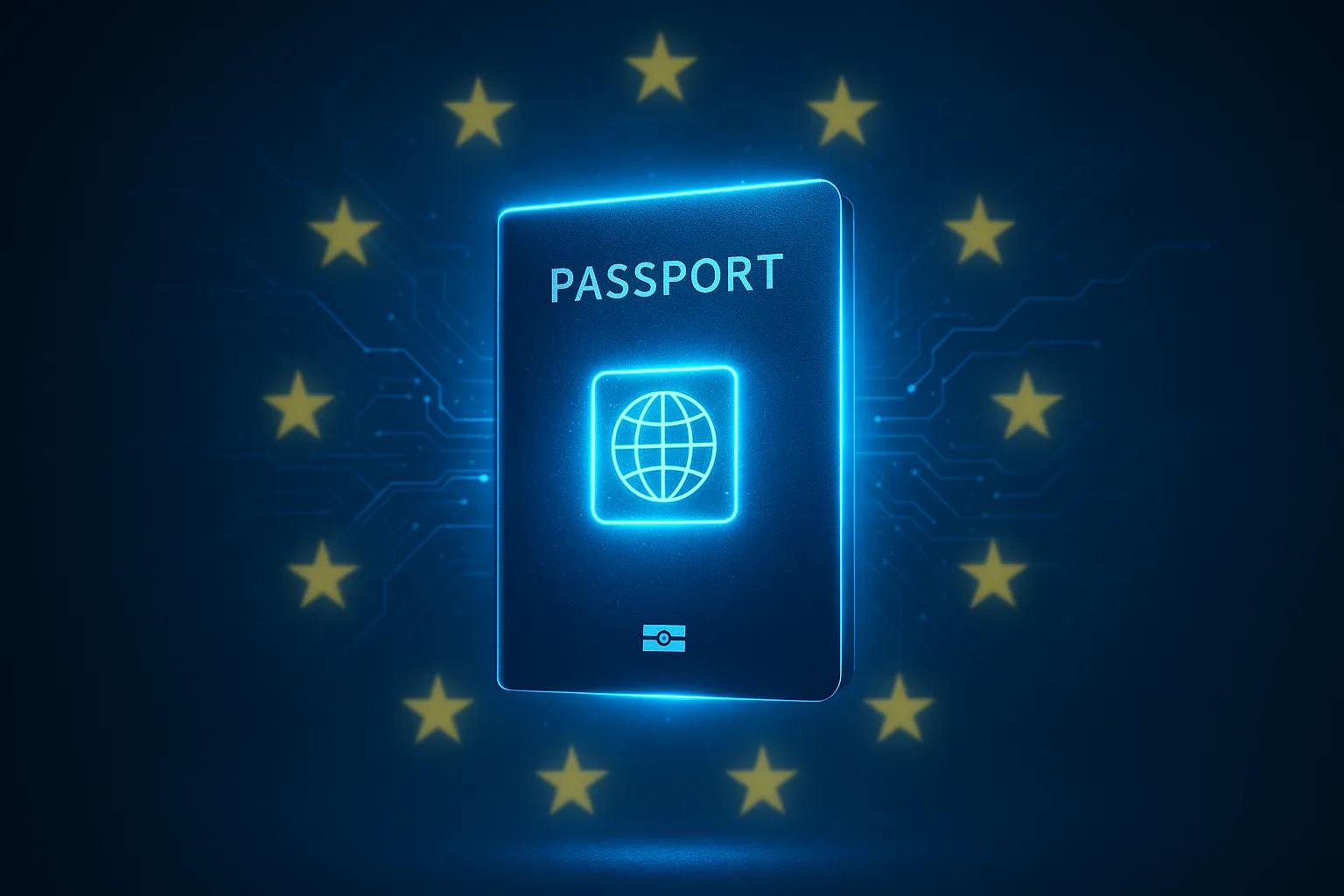 Pasaporte digital futurista iluminado en azul con estrellas de la Unión Europea, representando el Sistema de Entradas y Salidas de la UE.