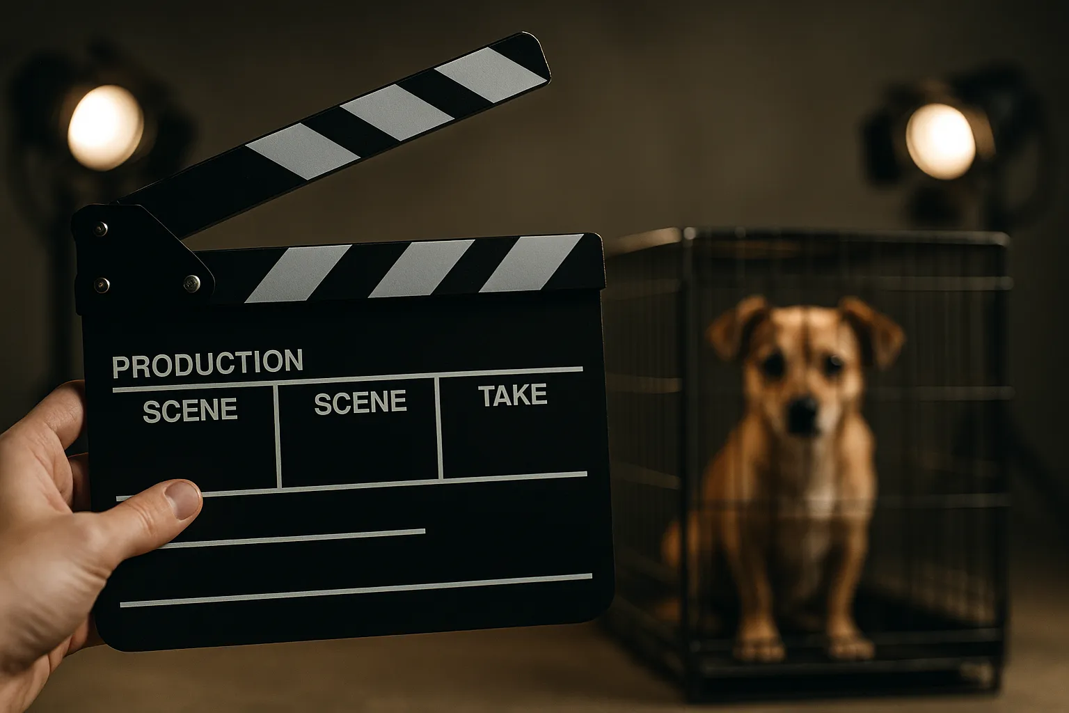 Una claqueta cinematográfica en primer plano, con un perro pequeño dentro de una jaula en segundo plano desenfocado, simbolizando los falsos rescates de animales en redes sociales.