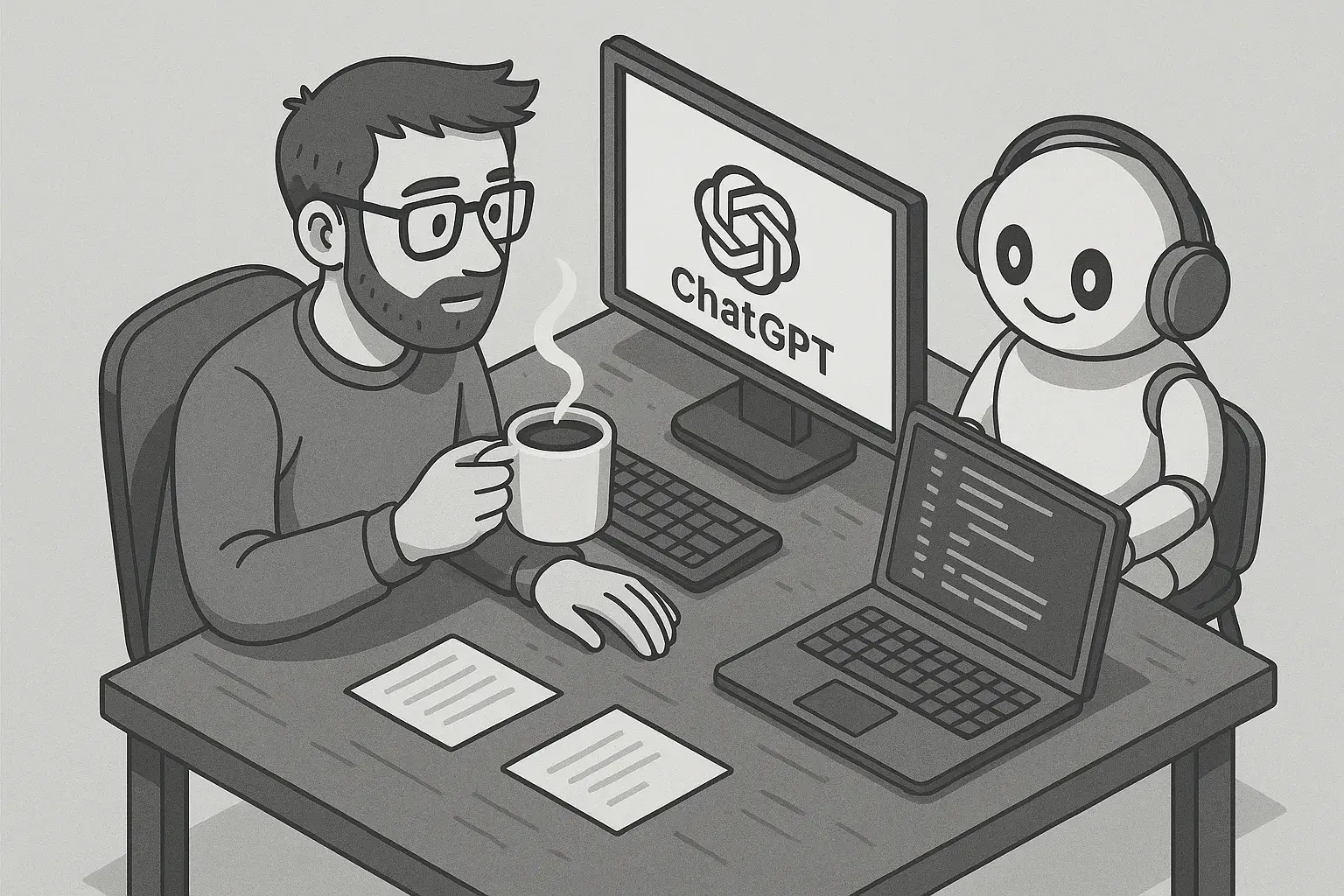 Ilustración isométrica en escala de grises de un periodista con café trabajando frente a dos pantallas, acompañado de un robot amistoso. Refleja nostalgia y el vínculo previo al cambio en GPT-5.