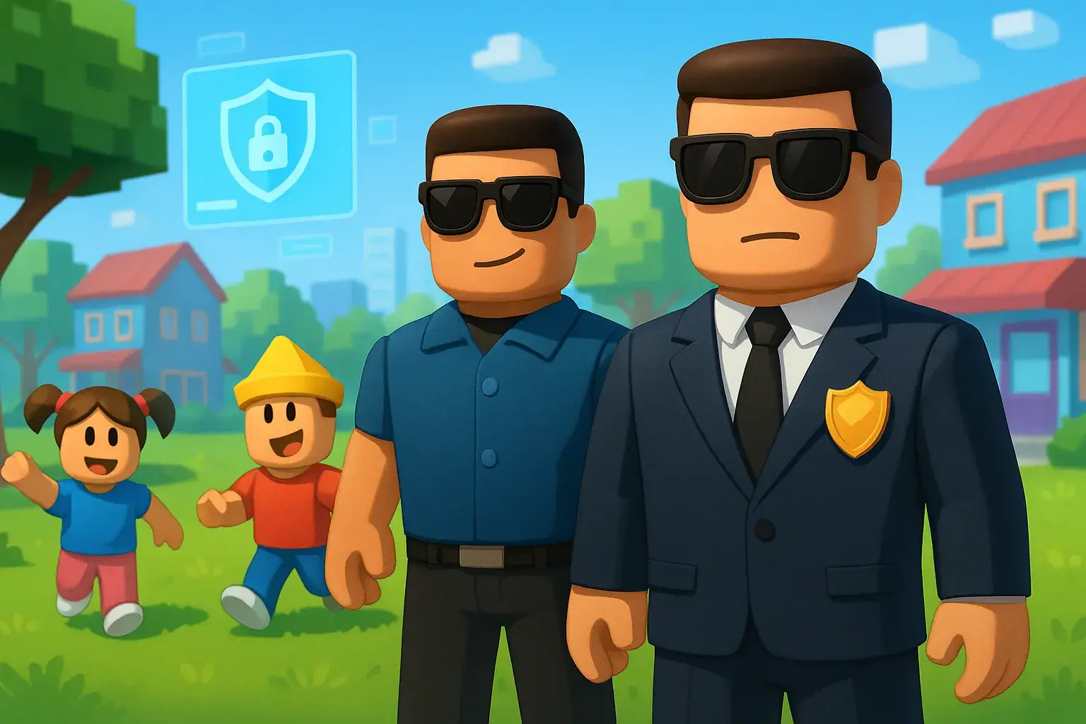 Ilustración digital en estilo Roblox que representa la protección infantil en Roblox, con dos avatares tipo guardaespaldas en primer plano vigilando mientras niños juegan en un parque virtual, rodeados de casas y pantallas holográficas con iconos de seguridad.
