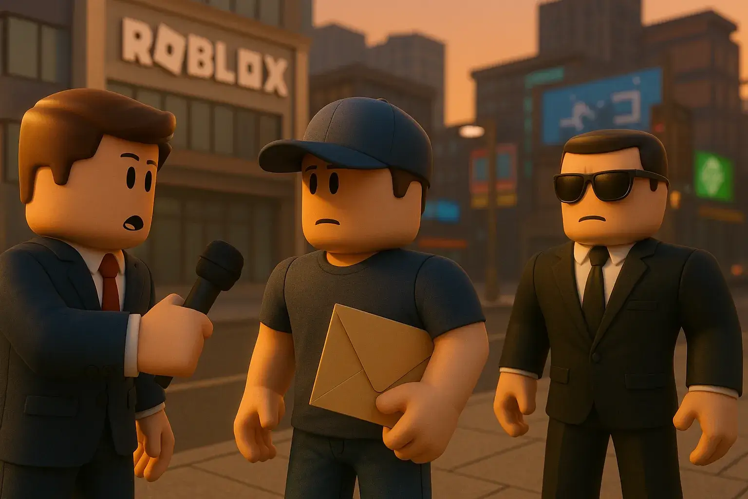 Ilustración digital en estilo Roblox que representa la controversia por vigilantes en Roblox, con un avatar reportero entrevistando a un avatar con gorra y sobre en mano, mientras un avatar con traje y gafas oscuras observa en un entorno urbano al atardecer.