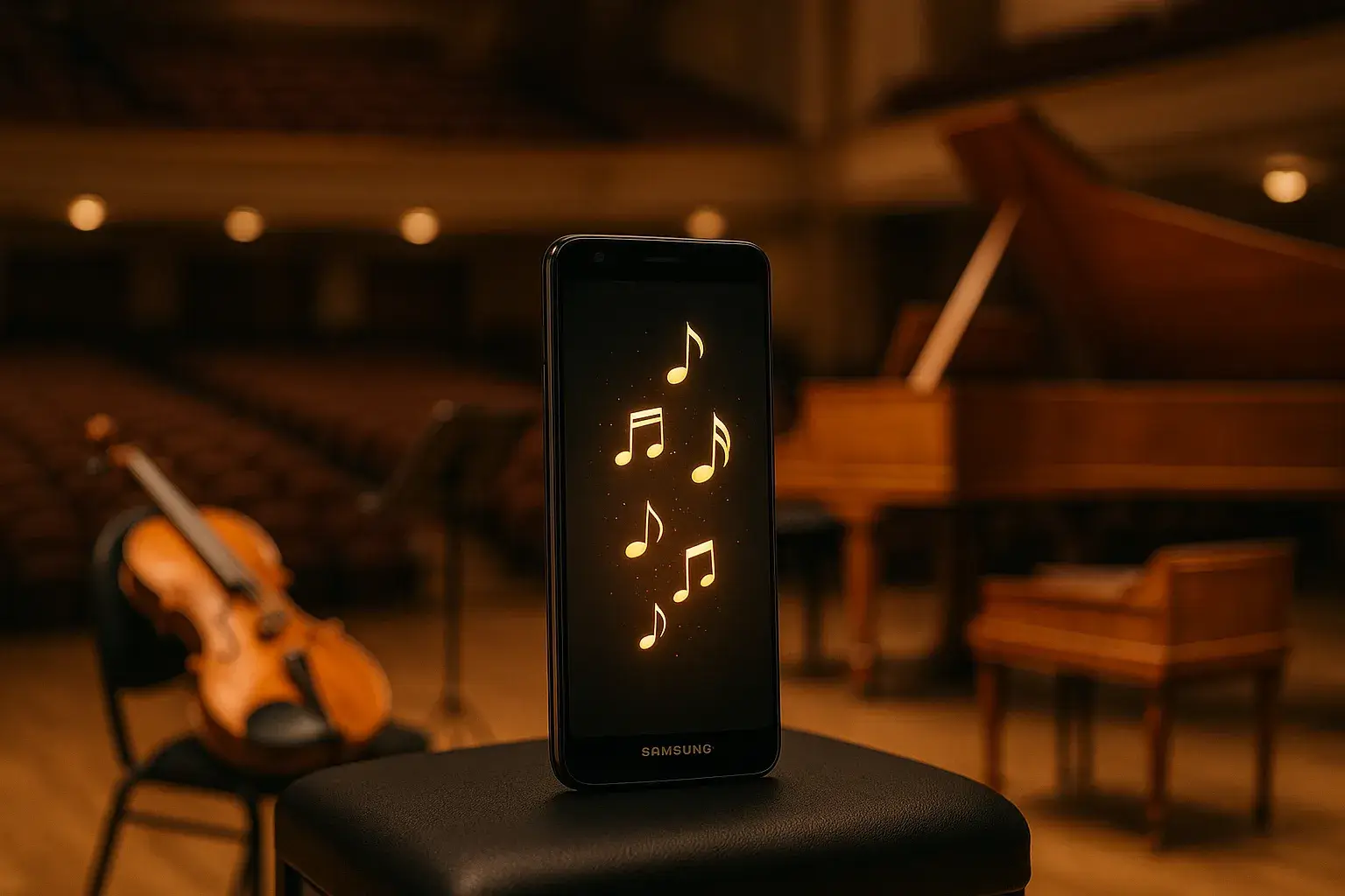 Teléfono Samsung Galaxy en una sala de conciertos, con notas musicales doradas flotando en su pantalla y un violín y clavecín al fondo, evocando el nuevo ringtone Galaxy inspirado en Vivaldi.