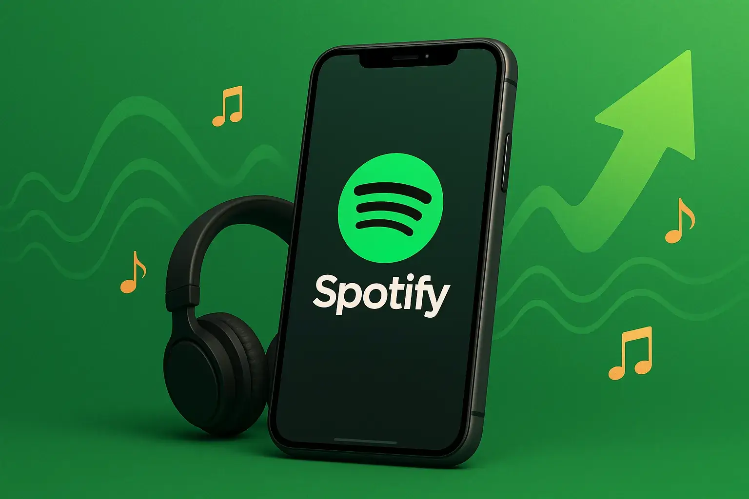 Ilustración 3D realista de un smartphone con la app de Spotify abierta, acompañado de auriculares y ondas sonoras sobre un fondo verde con flecha ascendente, representando el precio de Spotify Premium.