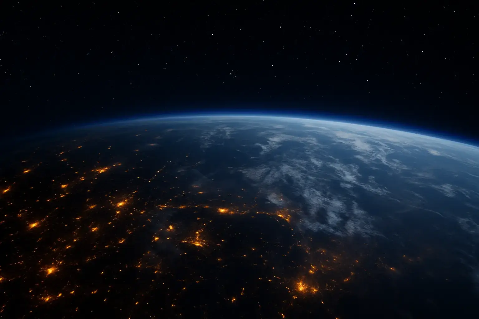 Vista fotorrealista de la Tierra desde el espacio, mostrando ciudades iluminadas de noche, nubes sobre océanos y continentes, y un cielo estrellado con el brillo azul de la atmósfera en el horizonte.