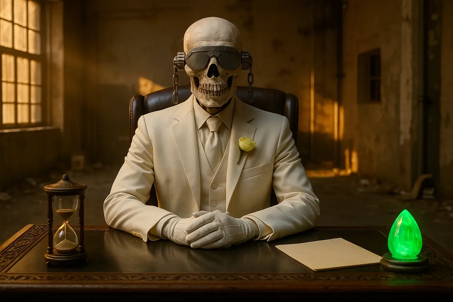 Vic Rattlehead sentado en un escritorio antiguo, con traje blanco y guantes, en una sala abandonada iluminada por luz cálida, junto a un reloj de arena y un cristal verde brillante, anunciando el último álbum de Megadeth.