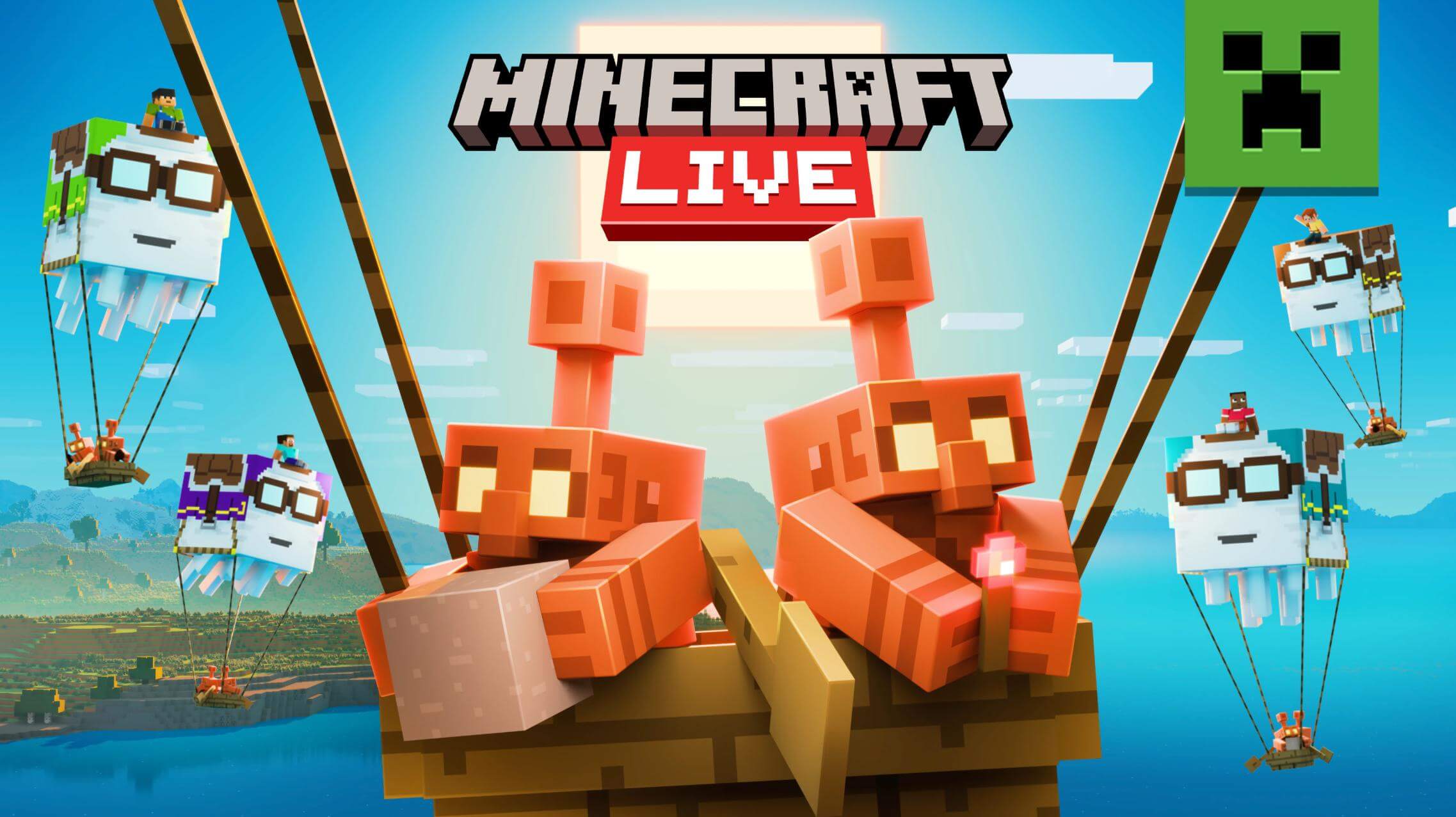 Ilustración oficial de Minecraft LIVE 2025 con criaturas y jugadores sobre globos en forma de ghasts, destacando el evento global del 27 de septiembre