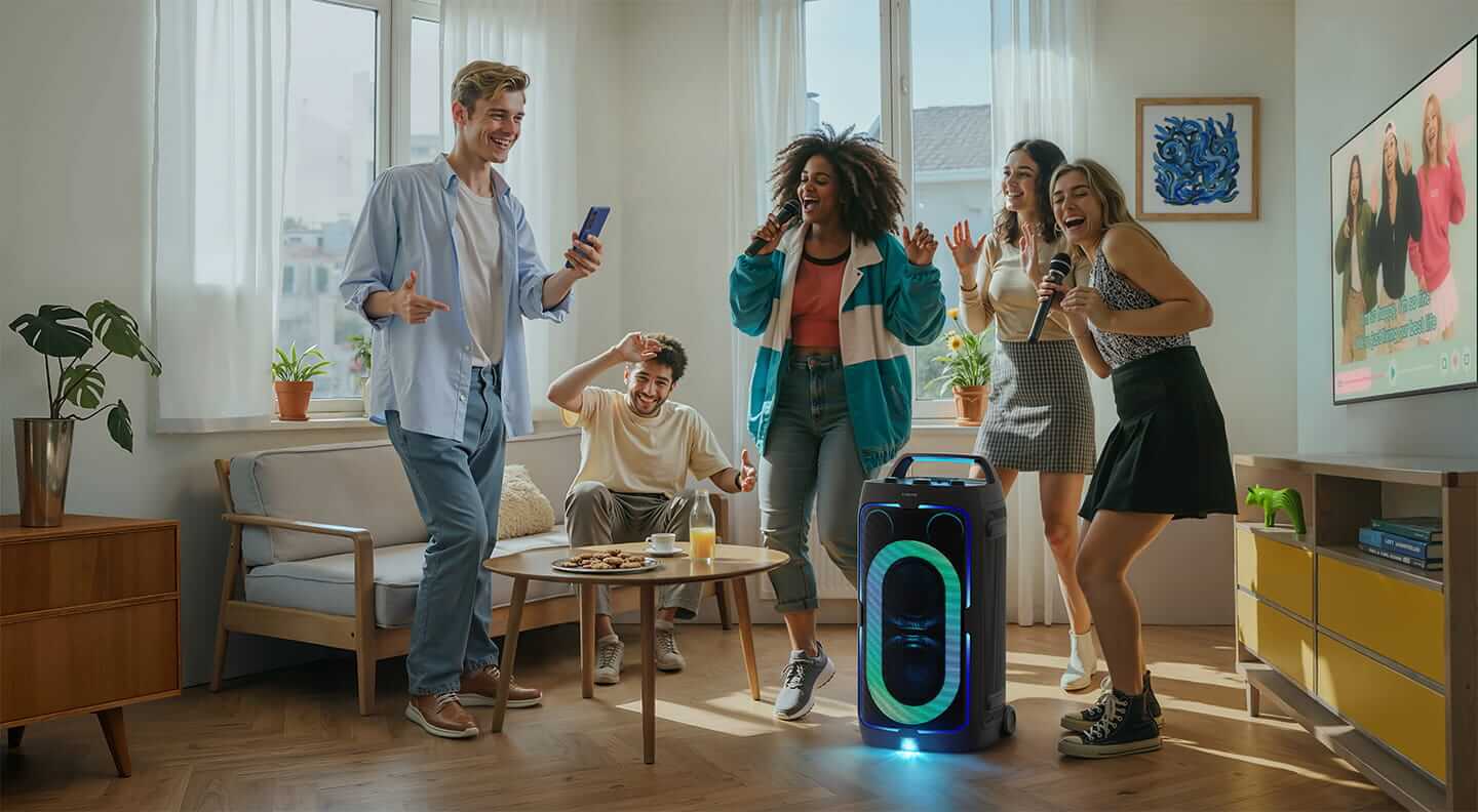Grupo de jóvenes cantando karaoke y bailando en una sala, acompañados de una Samsung Sound Tower iluminada con luces LED en el centro de la reunión