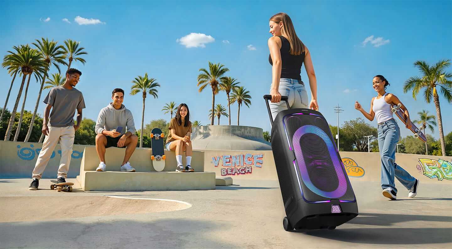 Grupo de jóvenes en un skatepark junto a una Samsung Sound Tower con luces LED encendidas, destacando su diseño portátil con ruedas y asa