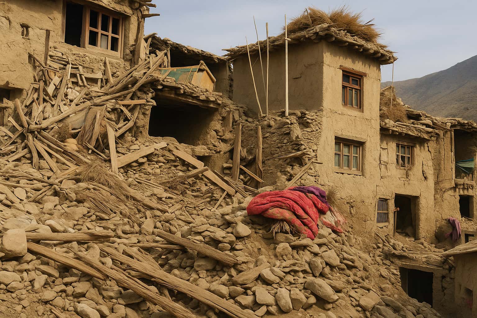 Casas de adobe y piedra derrumbadas tras el terremoto en Afganistán, con escombros, maderas rotas y una manta de colores entre las ruinas