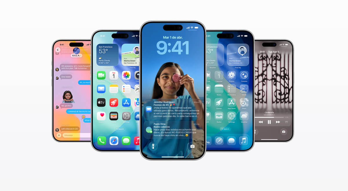 Varios iPhone muestran las novedades de iOS 26, con la pantalla de inicio en Liquid Glass, la pantalla bloqueada dinámica, conversaciones en Mensajes y el reproductor de música