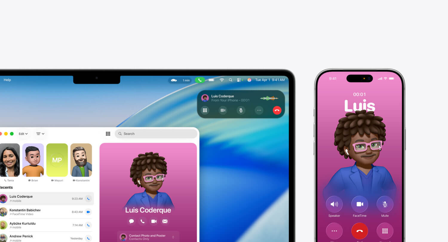 MacBook y iPhone mostrando la nueva app Teléfono en macOS 26 Tahoe, con un contacto representado por un Memoji en pantalla durante una llamada sincronizada entre ambos dispositivos