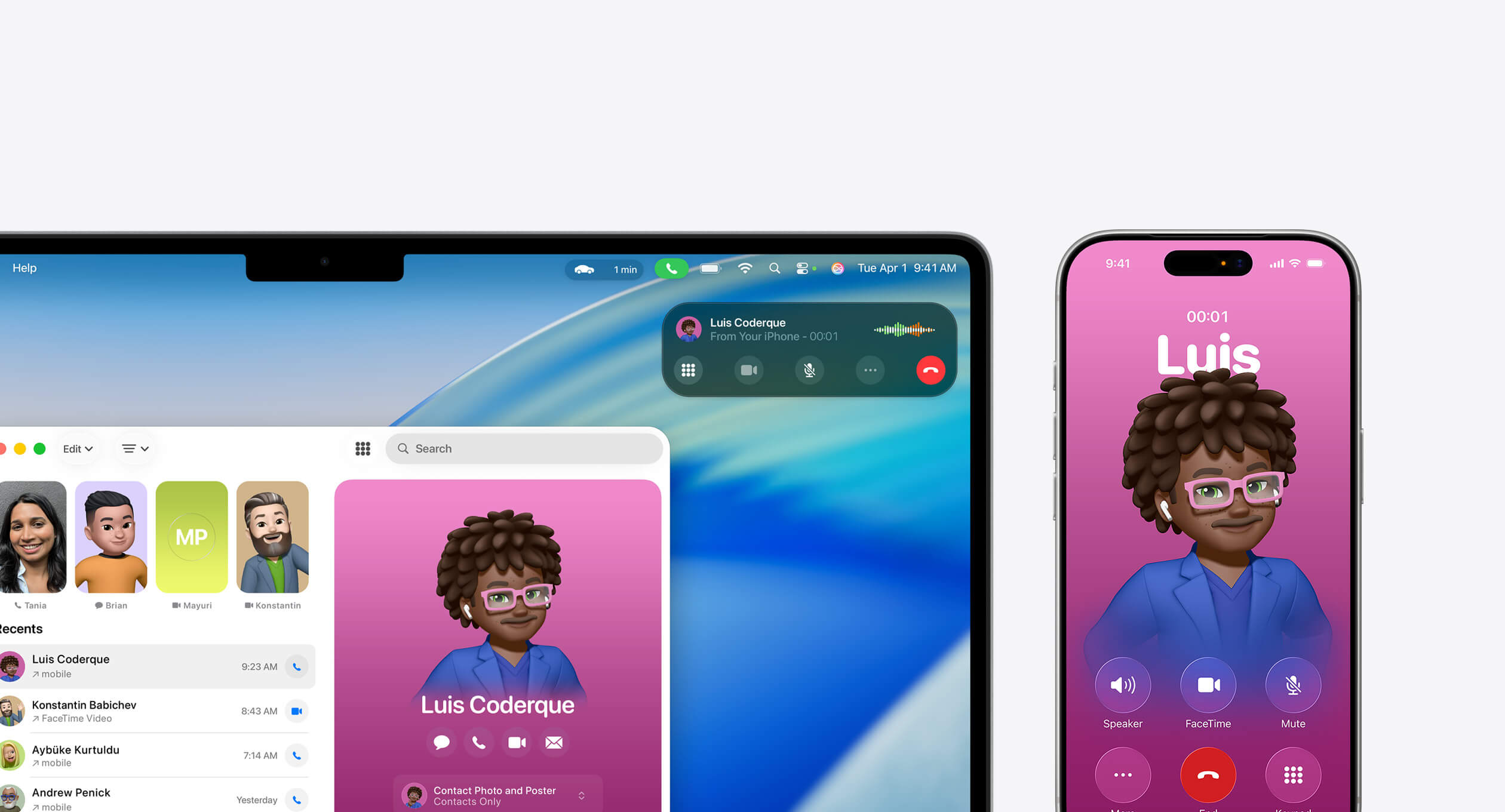 MacBook y iPhone mostrando la nueva app Teléfono en macOS 26 Tahoe, con un contacto representado por un Memoji en pantalla durante una llamada sincronizada entre ambos dispositivos
