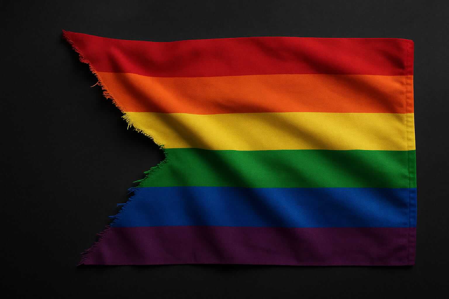 Bandera arcoíris con pliegues y un socavón triangular en el lado izquierdo, con bordes deshilachados, sobre fondo oscuro texturizado: El colectivo LGB se separa