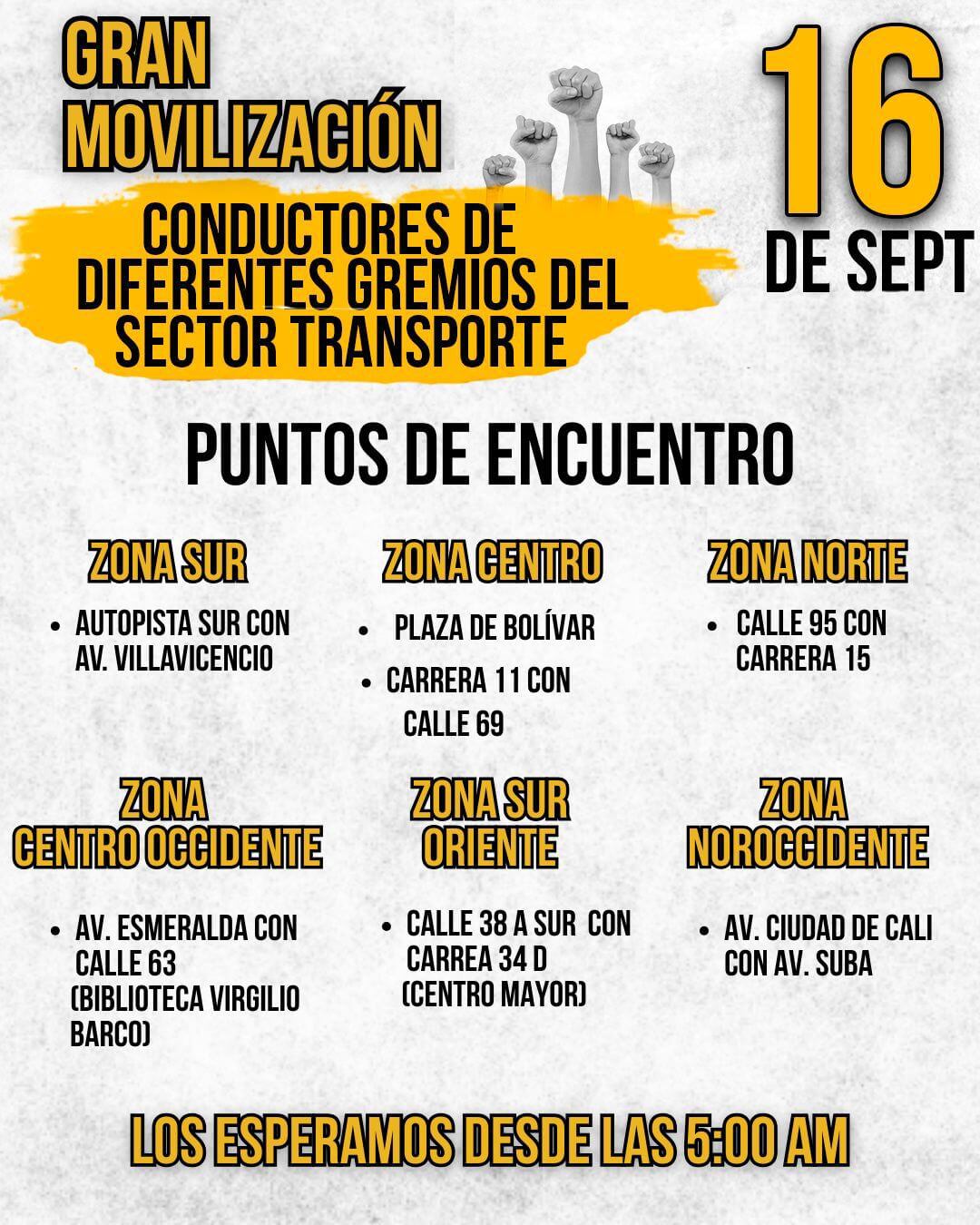 Imagen con la convocatoria oficial de la movilización de conductores en Bogotá del 16 de septiembre, mostrando los puntos de encuentro en distintas zonas de la ciudad y el horario desde las 5:00 a.m.