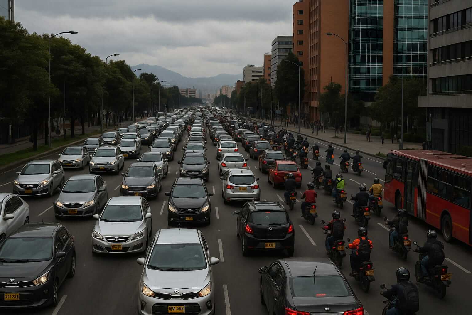 Tráfico atascado en una avenida principal de Bogotá, con largas filas de carros y motocicletas detenidas, reflejando la congestión durante la movilización de conductores en Bogotá