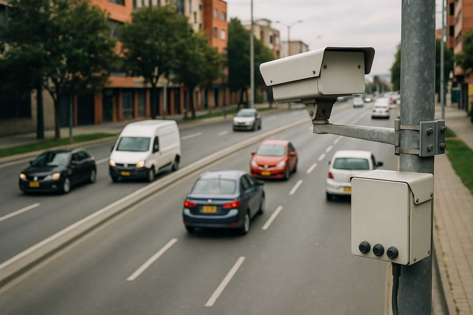 Cámara de fotomulta instalada en un poste junto a una vía urbana, enfocada hacia varios vehículos en circulación, ilustrando el debate sobre multas automáticas sin circulación