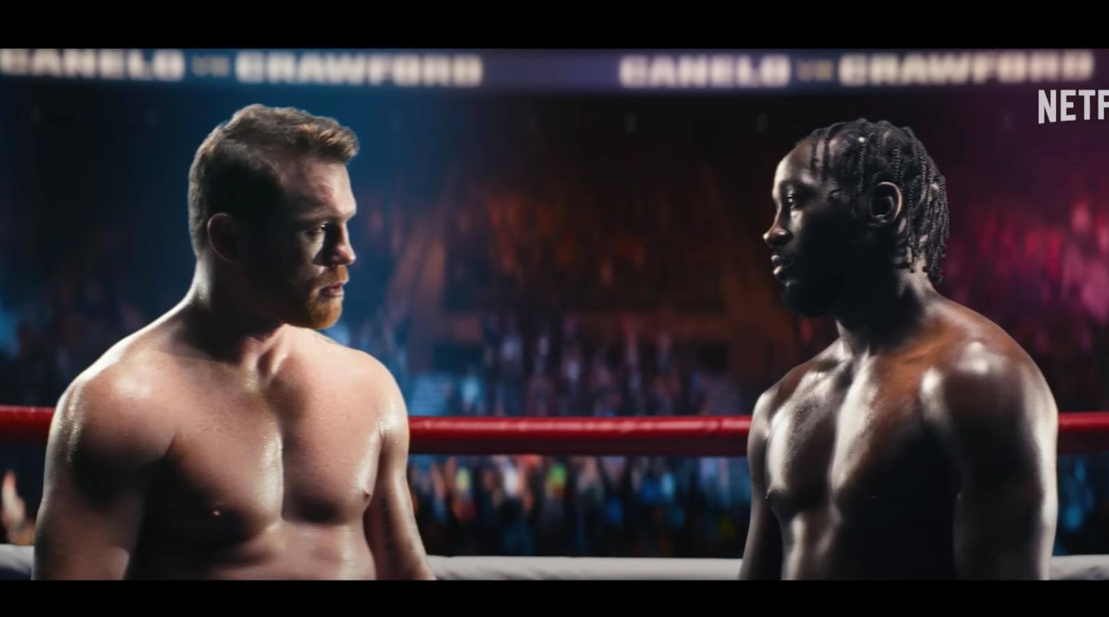 Saúl “Canelo” Álvarez y Terence Crawford frente a frente en el ring antes de su combate histórico, transmitido en vivo por Netflix. Imagen promocional de la pelea Canelo vs Crawford.