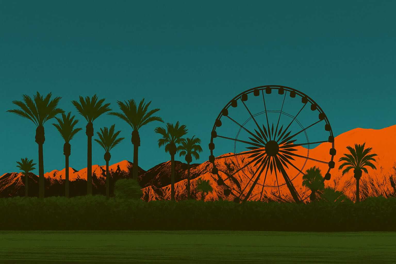 Ilustración artística del desierto de Indio con palmeras, montañas naranjas y la icónica rueda de la fortuna de Coachella 2026