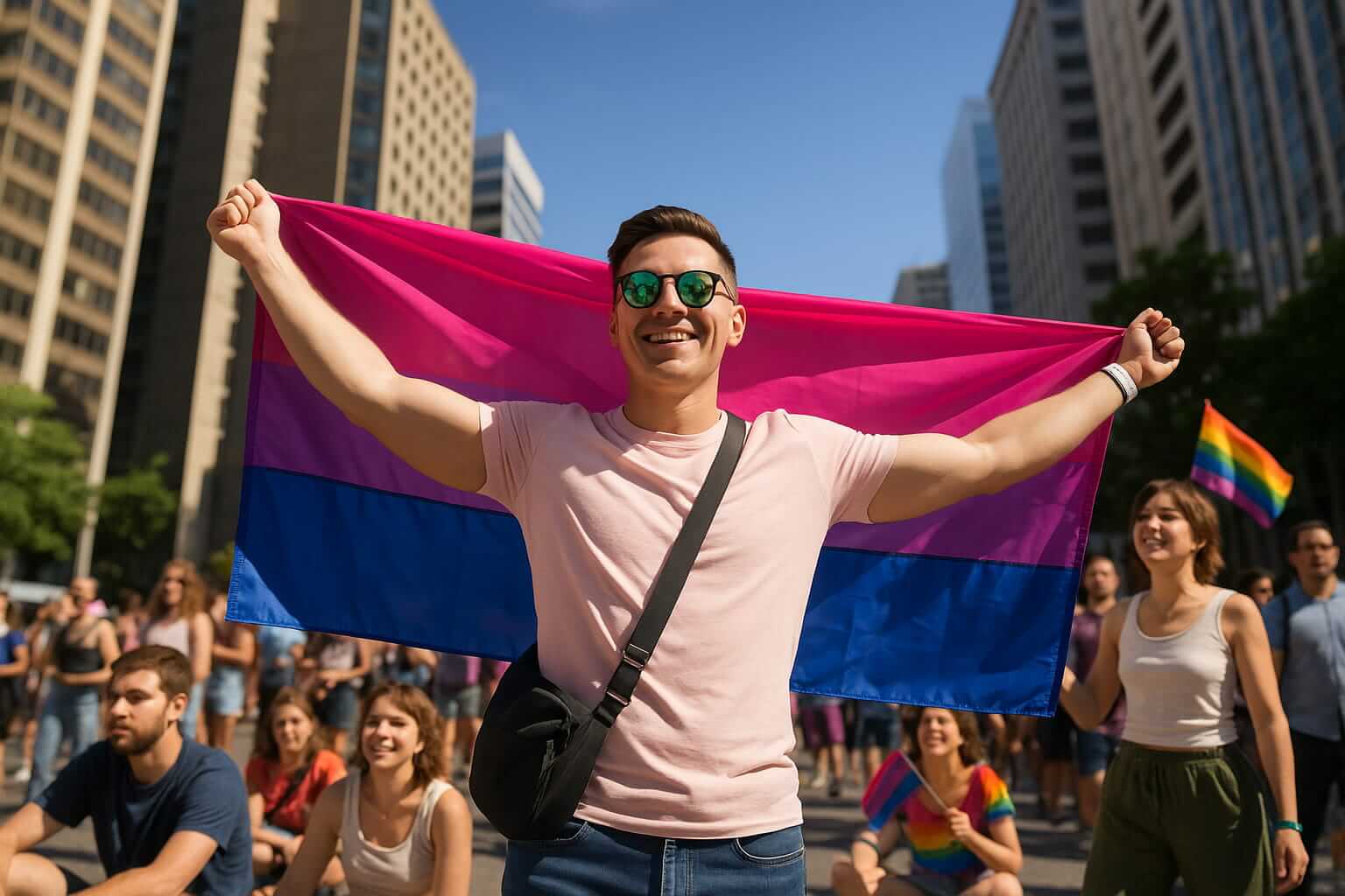 Persona sonriente sostiene una bandera bisexual en una marcha urbana durante el Día Internacional de la Bisexualidad, rodeada de participantes celebrando