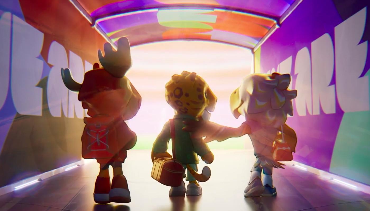Las mascotas del Mundial 2026 Maple, Zayu y Clutch caminan juntas hacia la luz de un estadio, representando la unión de Canadá, México y Estados Unidos